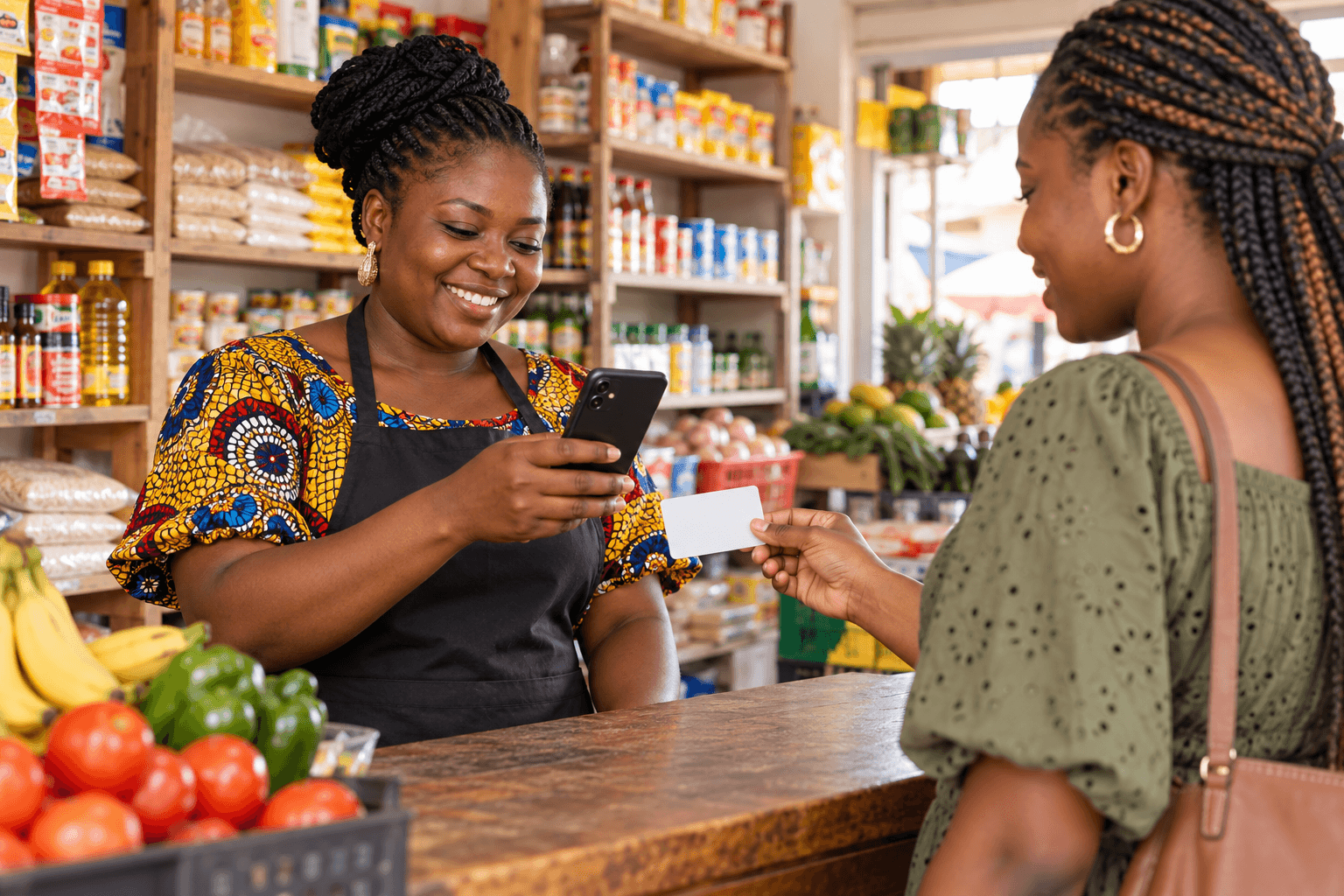 Une commerçante utilise son téléphone Android tandis qu’une cliente présente sa carte de fidélité.